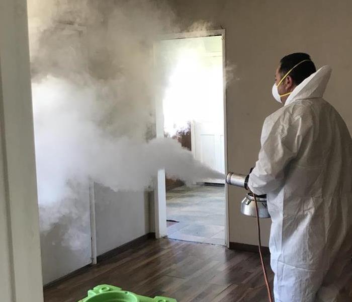 Employee in suit using fogging machine 